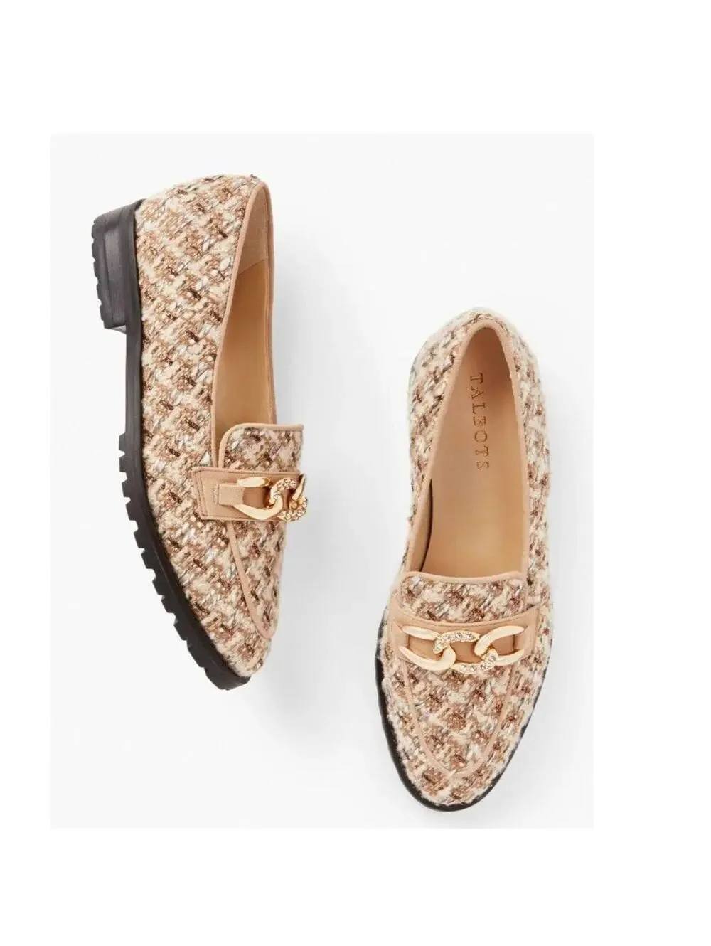 Talbots Leighton Boucle Metallic Chain Loafers Tan Gold Tweed Shoes 9.5